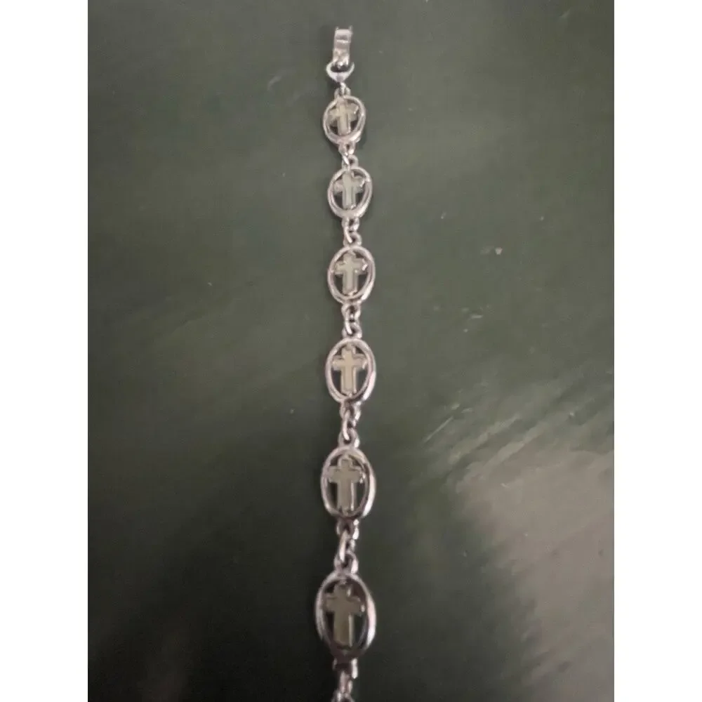 Vintage Cross Bracelet Silver Tone Jewelry Iridescent Center Simple Religious